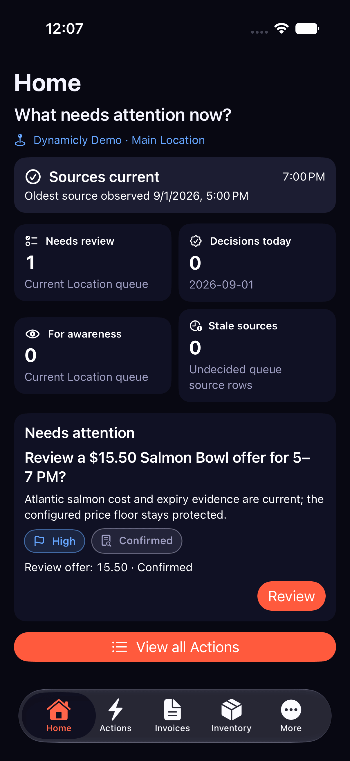 Dynamic.ly Home: a decision awaiting manager review, with its evidence attached.