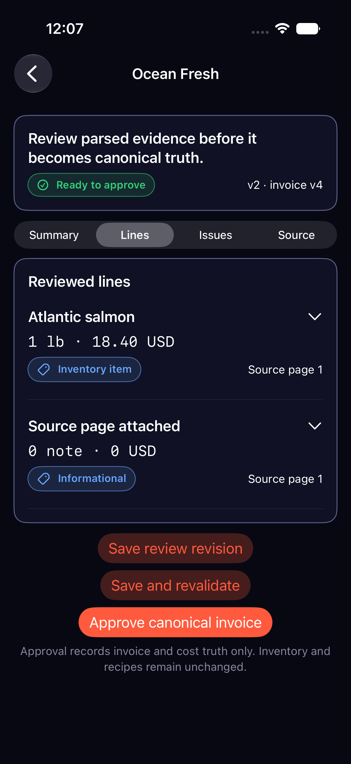 Invoice ready for approval. The reviewed salmon line and source page remain attached.