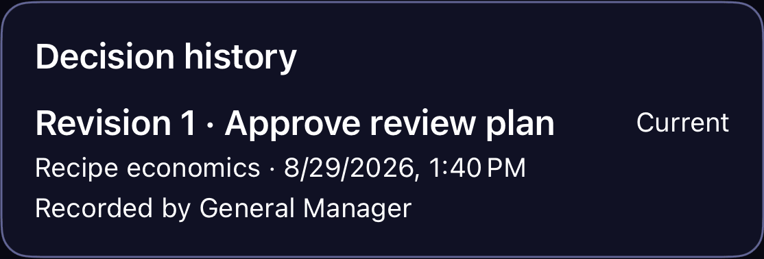 Decision history: revision 1 of the review plan, recorded by the General Manager. Not a measured outcome.
