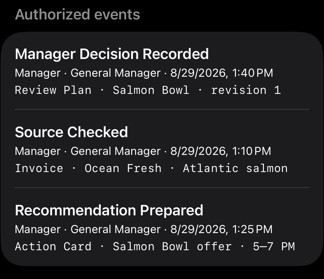 Decision history links source review, cost change, recipe impact and the manager’s decision.